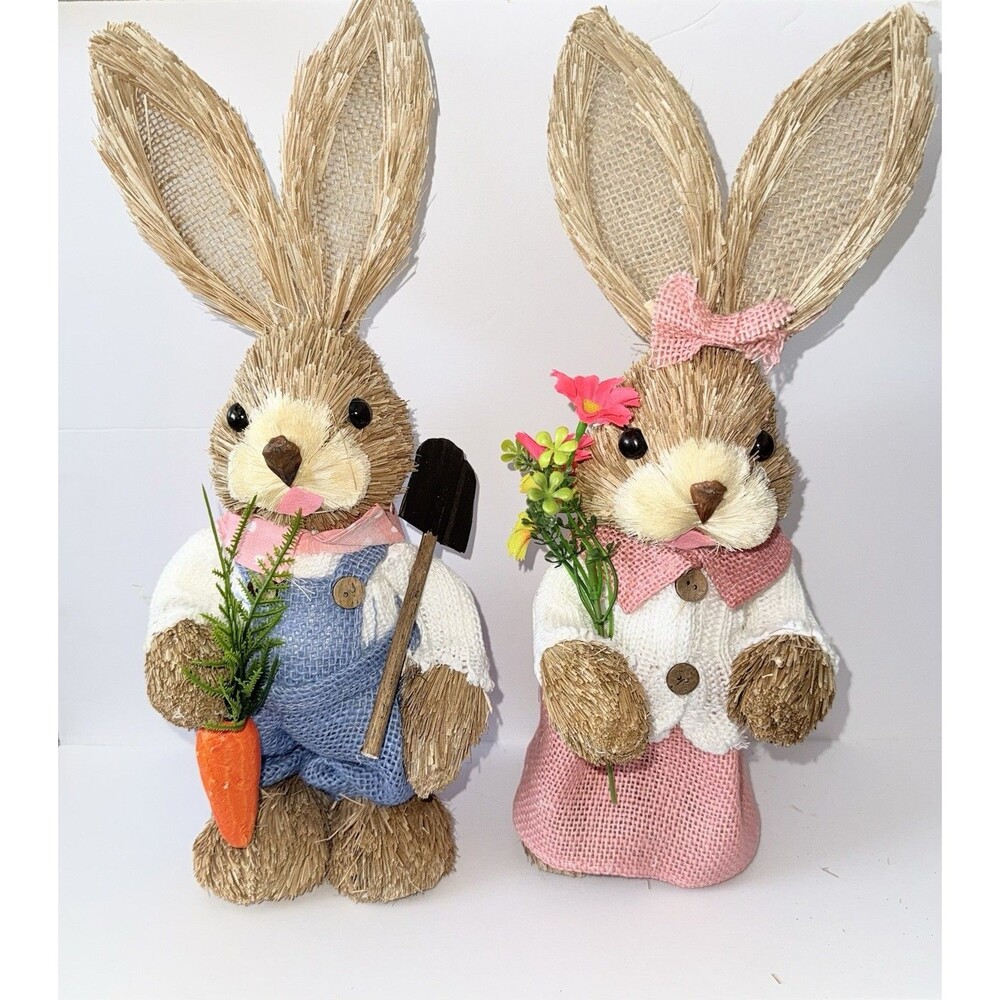 Easter Bunny Decor,Set of 2 Rustic Wear Easter Bunnies Straw With Flowers C2